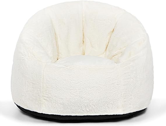 N&V Large Bean Bag Chair, Adult Size Bean Bag Sack, Foam Filling, Includes Removable and Machine Washable Cover, 37in, Soft Faux Fur (White)