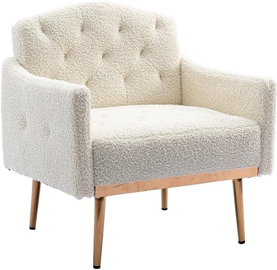 Olela Modern Accent Chair with Arms, Tufted Decorative Single Sofa Fabric Armchair with Gold Metal Legs, Upholstered Reading Chair for Living Room Bedroom Office (White - Fabric)