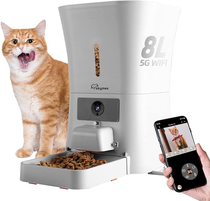 SKYMEE 8L/12L 2.4G & 5G WiFi Smart Automatic Pet Feeder Food Dispenser for Cats & Dogs-1080P Full HD Pet Camera Treat Dispenser with Night Vision and 2-Way Audio