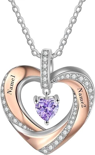 MRENITE 10K/14K/18K Solid Gold Personalized Mom Necklace with 1-4 Birthstone Customized Name Heart Necklace Engraved Names for Mom Wife